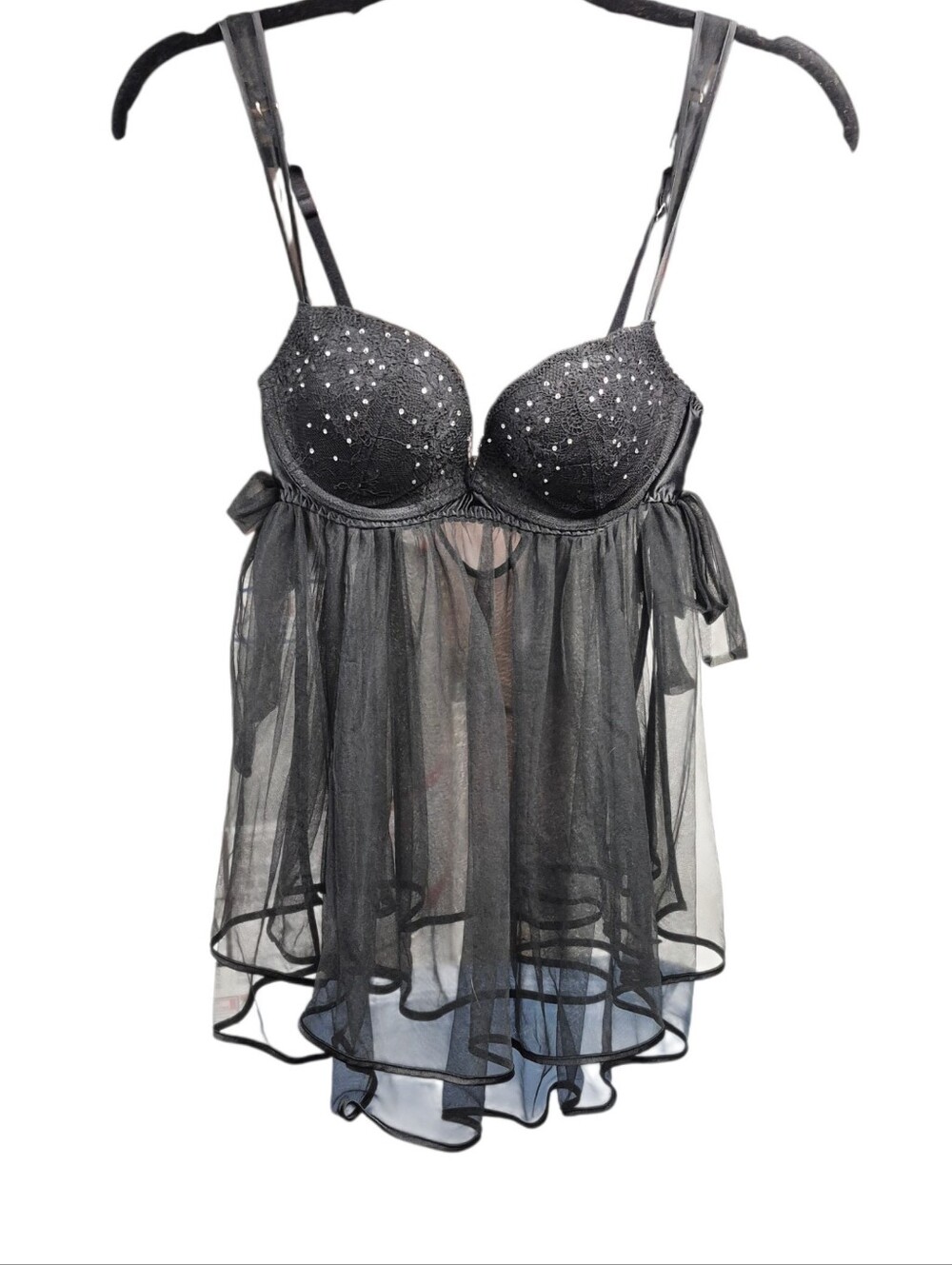 Victoria's Secret Baby Doll Lingerie Black Embellished Sheer Women's 34C